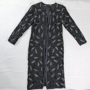 VTG Black All Over Beaded Silk Floral and Leaf Open Front Duster Cardigan